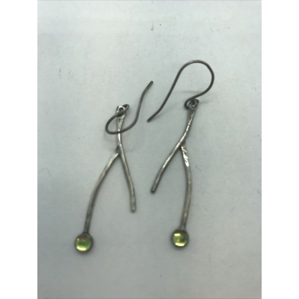 artisan Sterling‎ Silver Wishbone style Green glass Drop EARRINGS Unmarked